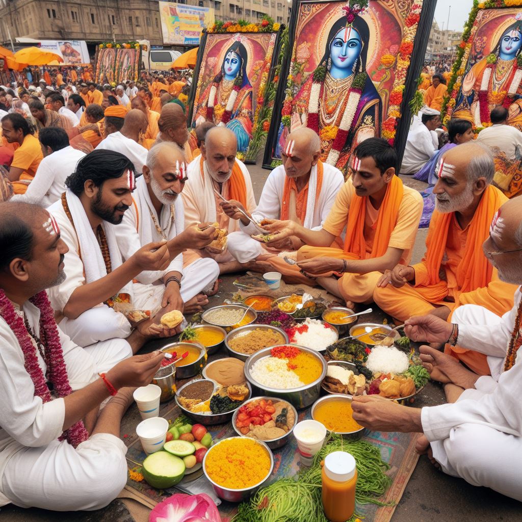 devotees enjoying veg meal together during narmada yatra